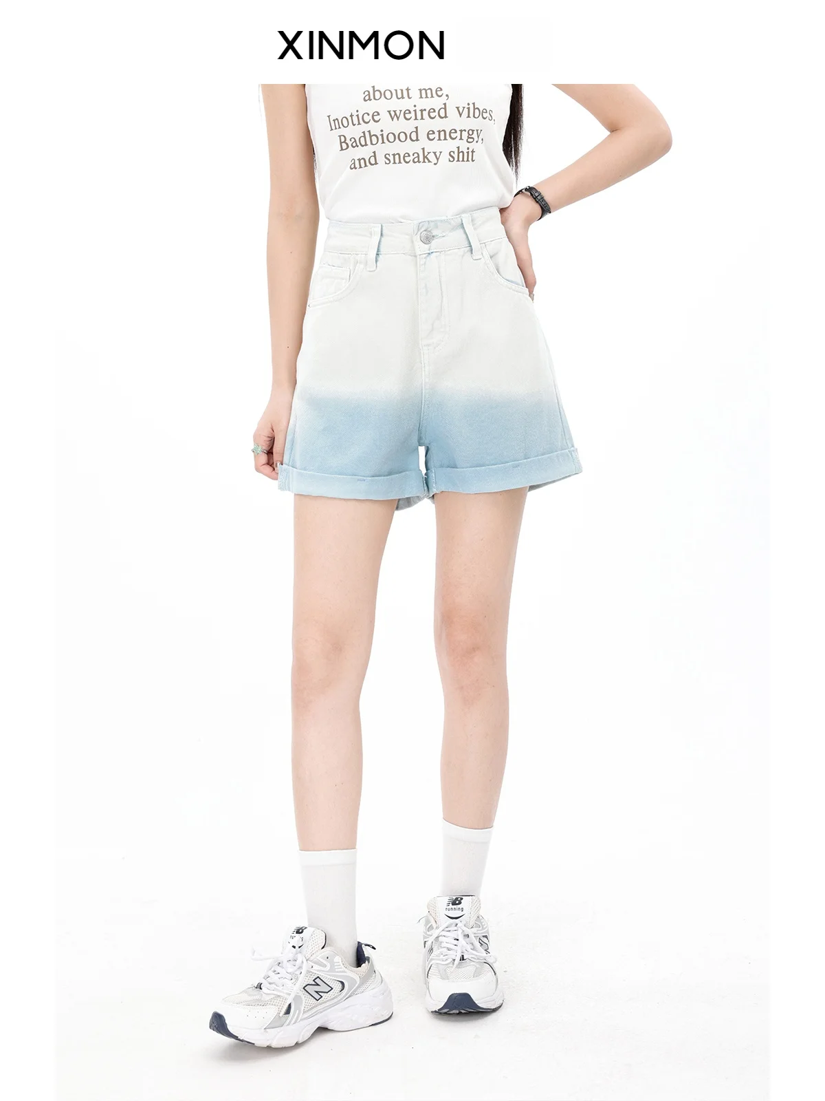 

Синие джинсовые шорты с высокой талией и широкими штанинами в стиле тай-дай для женщин, летние, повседневные, стройнящие, Xinmon, эстетичные, с эффектом похудения