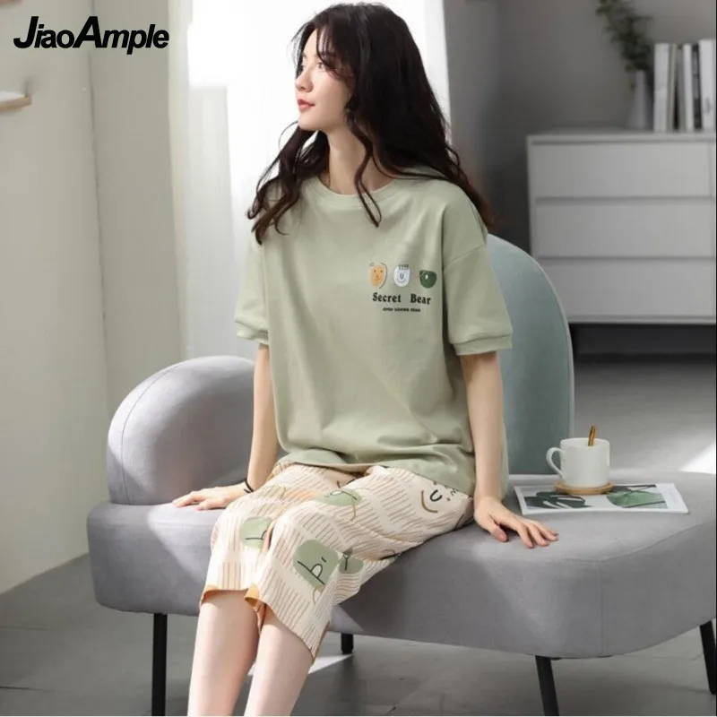 Women's Short Sleeve Cropped Pants Pajamas 2 Piece Set 2022 Summer New Loose Pijamas Korean Cute Sleepwear Home Clothes Suit