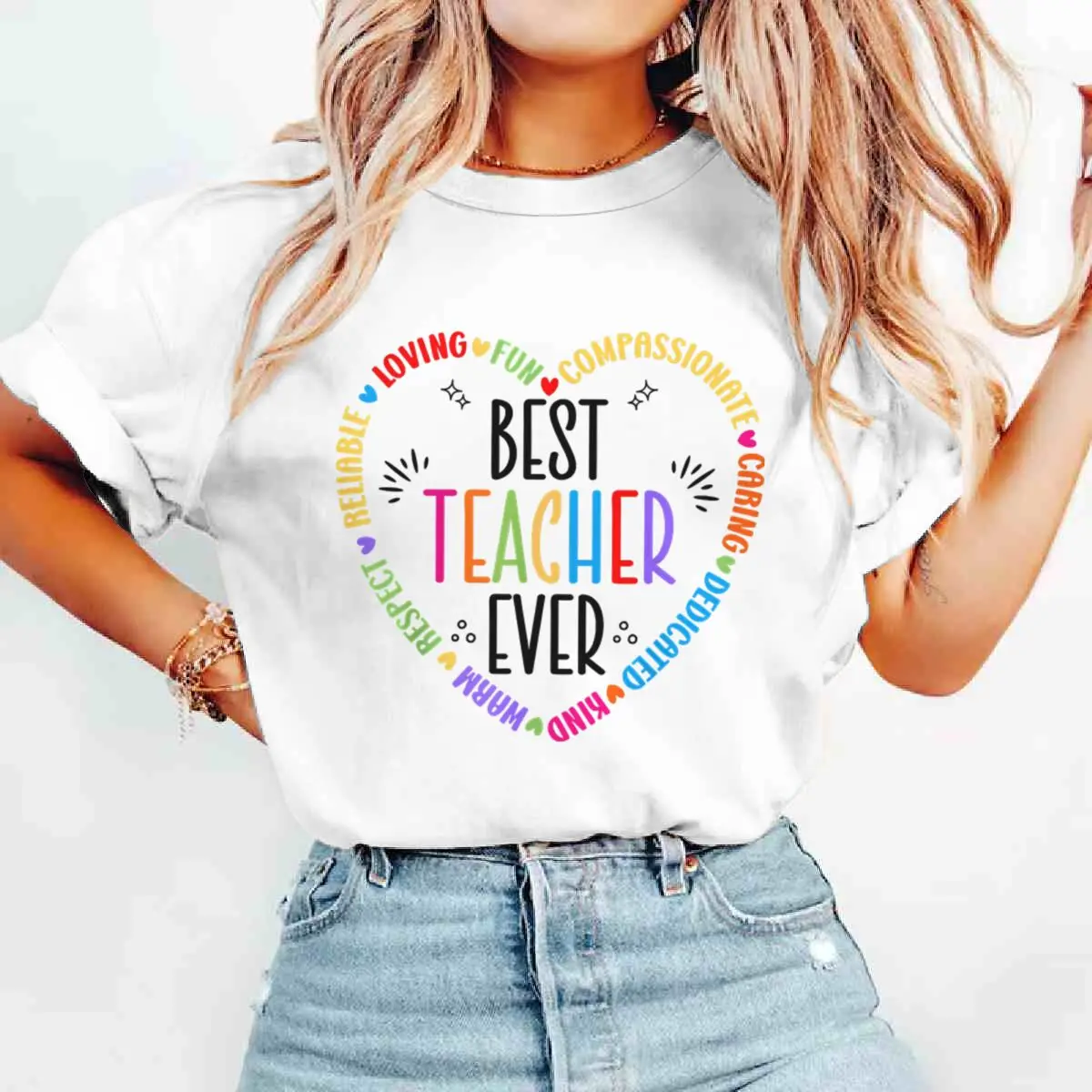 Best Teacher Ever Heart Graphic Tee Motivational Appreciation T-Shirt Daily Wear Teachers' Gifts Short Sleeve Women's T-shirts