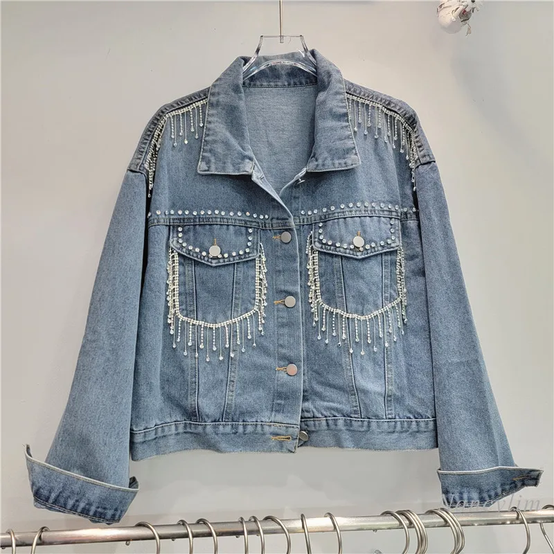 

Diamond-Embedded Tassel Denim Jacket Women's 2024 Autumn Trendy New Small Loose Slimming Long Sleeves Jean Coats Top