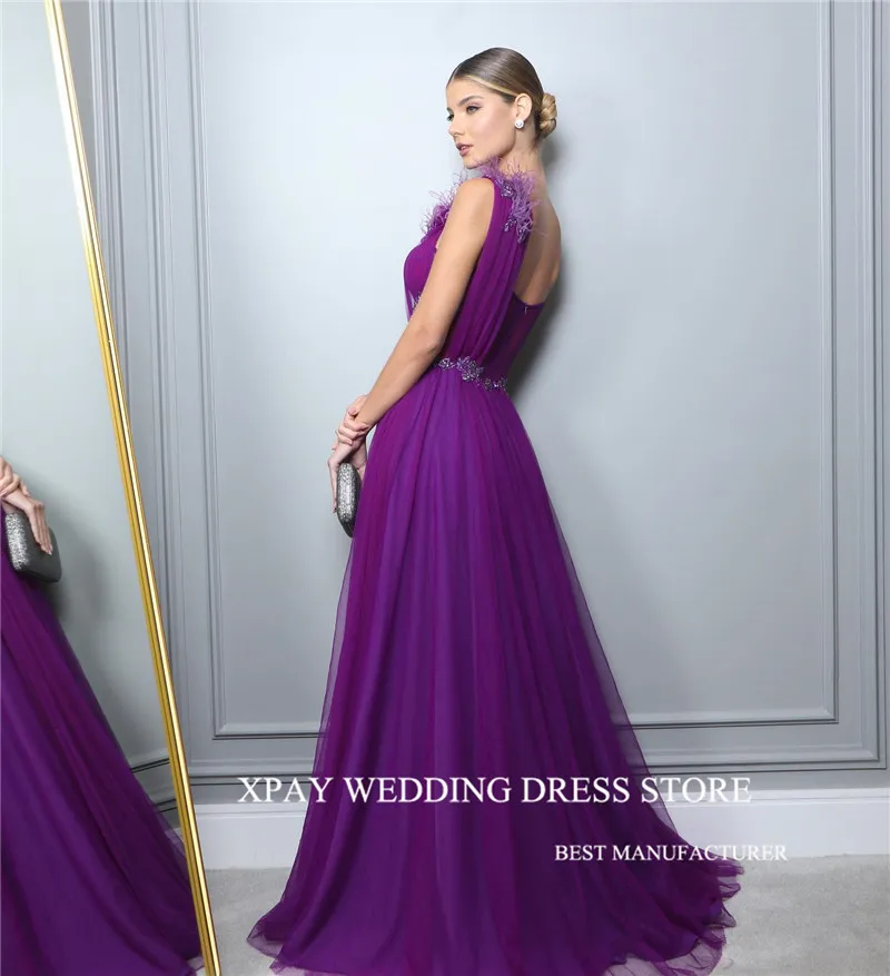 XPAY Purple Elegant Tulle Prom Dresses For Evening Party Feathers Applique Belt Formal Gowns Prom Dress Long Vestidos de fiesta