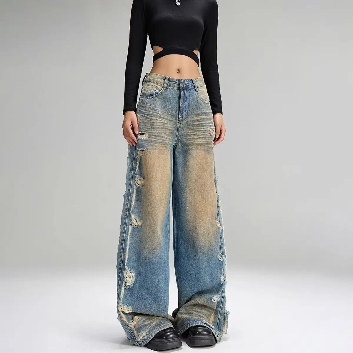 

Hollow Out Wide Leg Loose Jeans for Women in The Spring and Summer of 2025 with A Hanging Straight Leg and Floor Length Pants