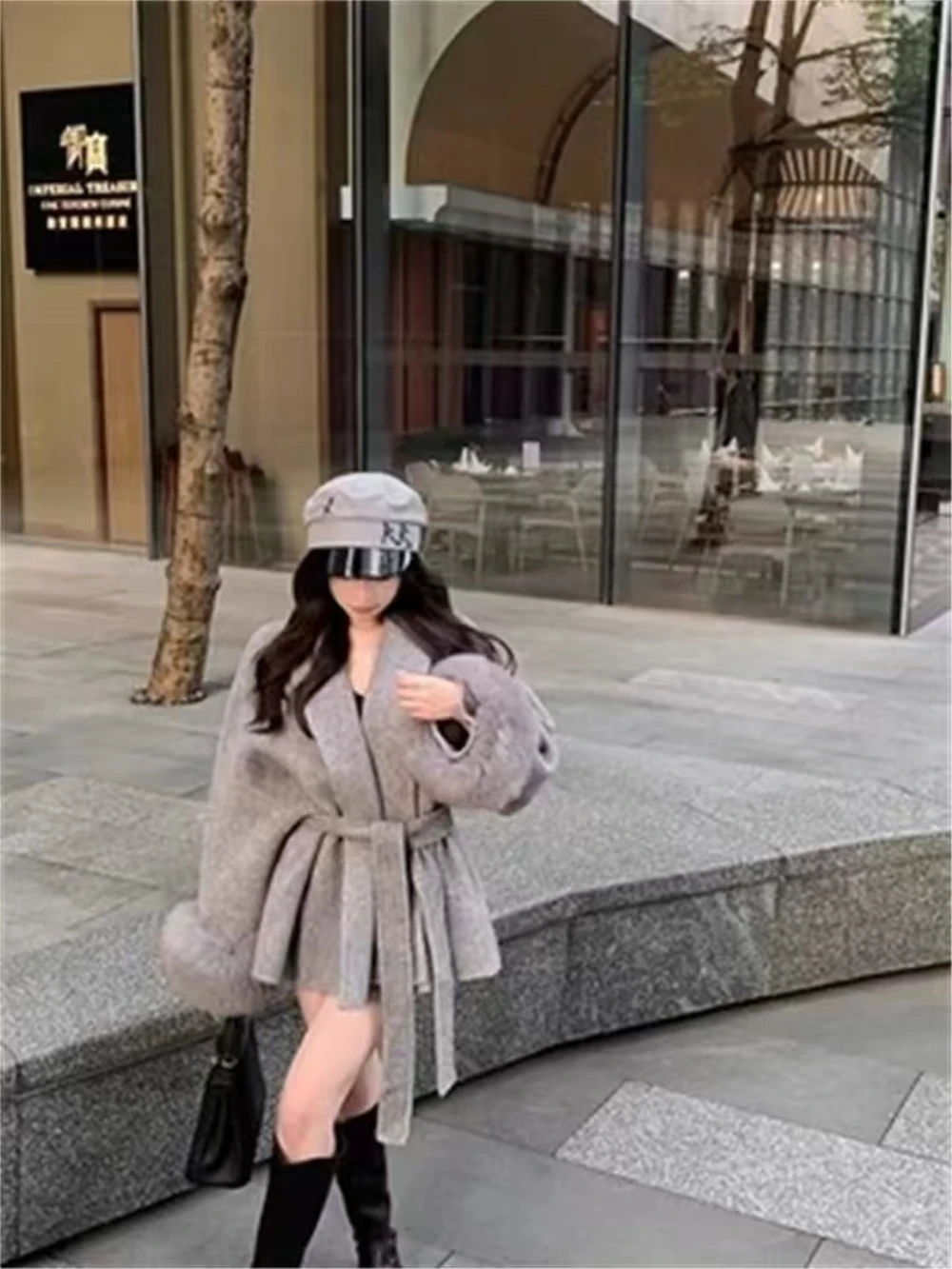 Grey Tie Waist Collection Woolen Coat Women's Autumn and Winter 2024 New Long Sleeved Loose High-end Cape Coat Medium Length Top