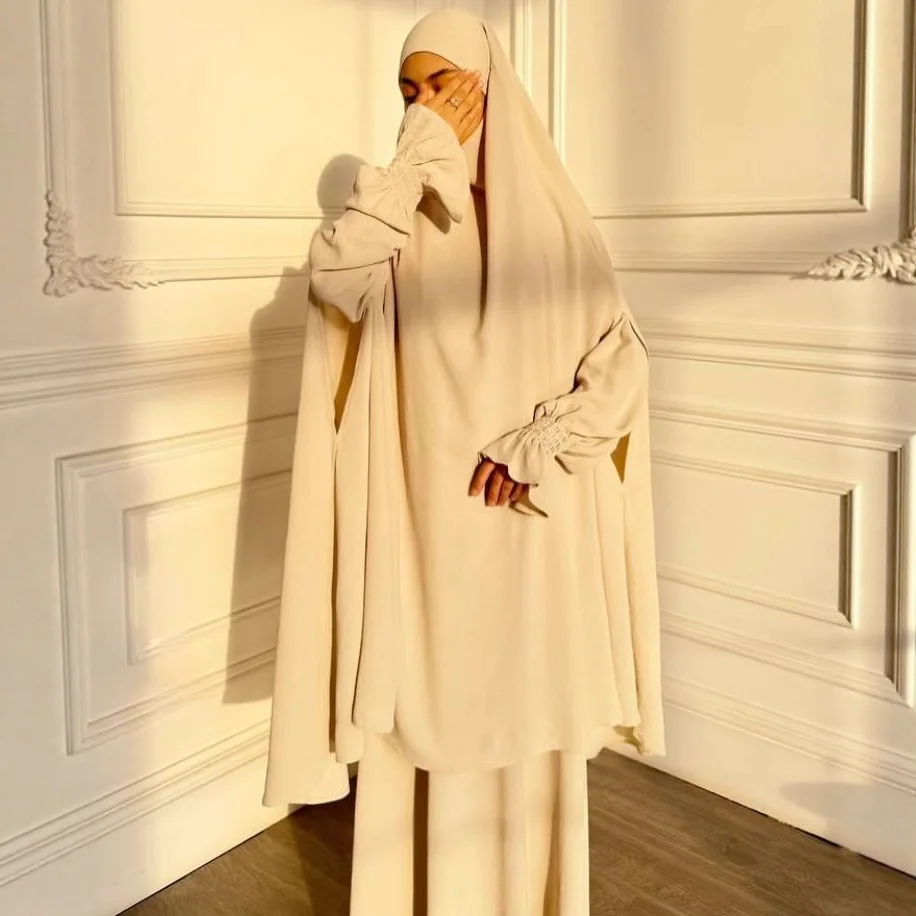 2PCS Muslim Abayas Hijab Prayer Dress Women Jilbabs Kaftan Islamic Dubai Saudi Robe Turkish Modesty Khimar Jalabiya Eid Djellaba