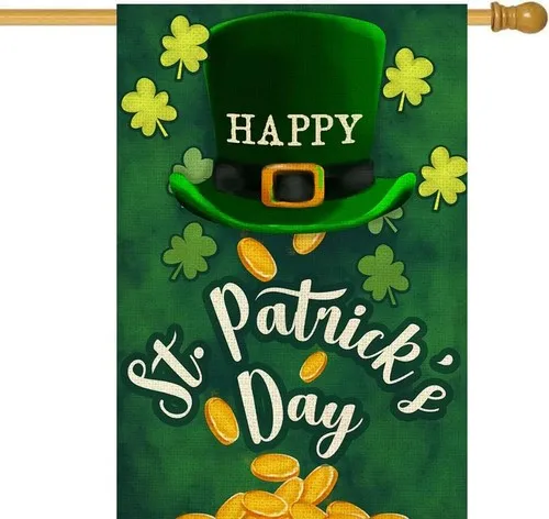 Happy St Patricks Day House Flag Shamrock Clovers Green Hat 28 x 40 Inch OOV IIC