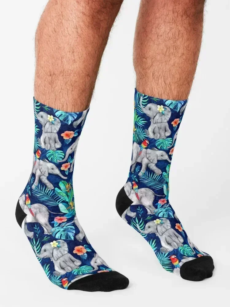 Elephants and Parrots in Indigo Blue Socks anime hiking gift snow Luxury Woman Socks Men's