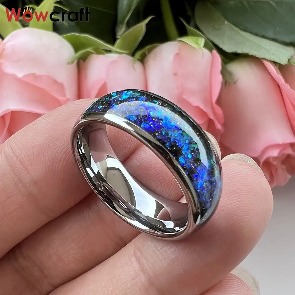 

Tungsten Carbide Wedding Ring Shining Blue-Green Fragments Engagement Band Domed Polished Shiny