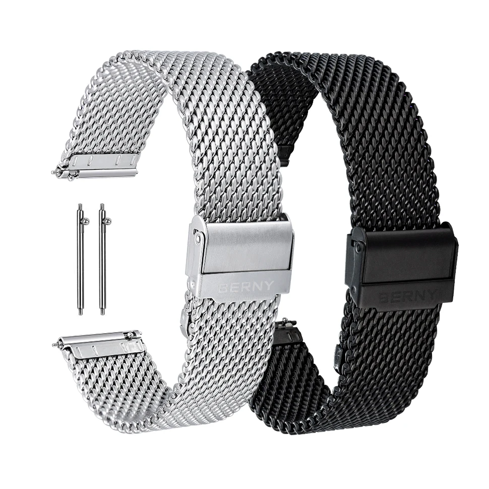 BERNY Fashion Stainless Steel Mesh Strap 18/20/22/24mm Quick Fit Band Women/Men Watch Bracelet Accessories