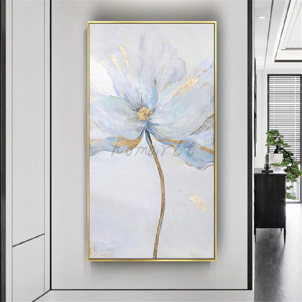 

Pop Gold Foil And White Flowers Oil Paintings On Canvas Picture Wall Art Poster For Corridor Drawing Decor Living Room Artwork