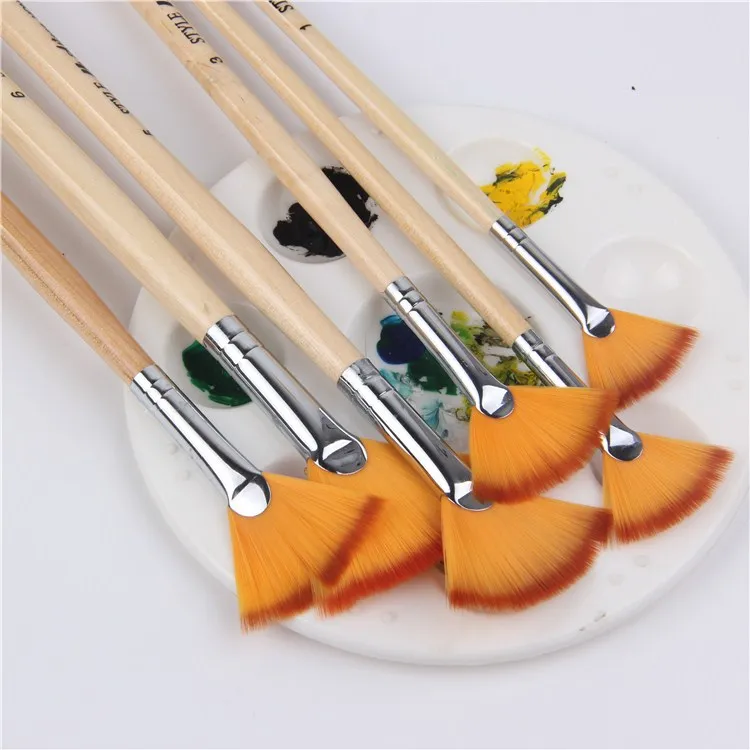 Duplo Nylon Cabelo Acrílico Brush Set, Forma Fan, Pintura a óleo Pen, Acrílico Suit, Art Supply, Artista, grande área, 6pcs