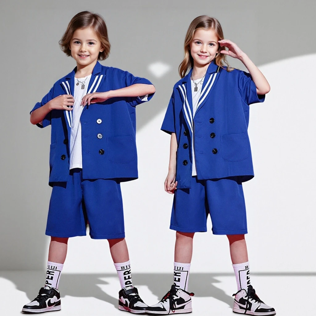 Kinder Hip-Hop Tanz Outfit Set Cool Blue Blazer Anzug für Jungen Mädchen Sommer Jazz Performance Kostüm lässig gestreift Streetwear