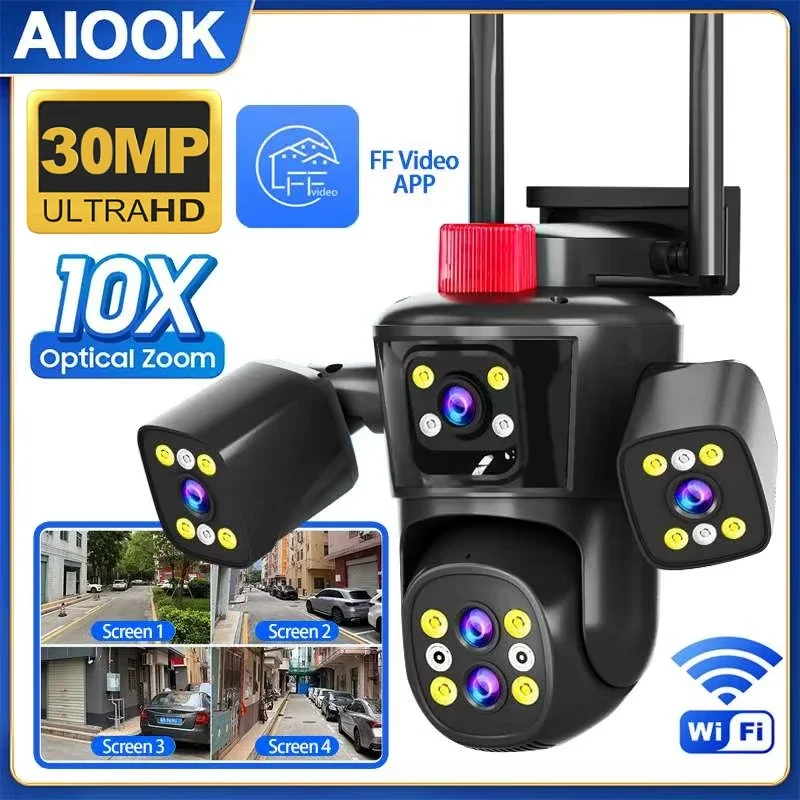 

AIOOK 5 Lens Outdoor WiFi Camera HD 30MP 10x Zoom IP Camera Two-Way Intercom Night Vision Waterproof Motion Detection Camera