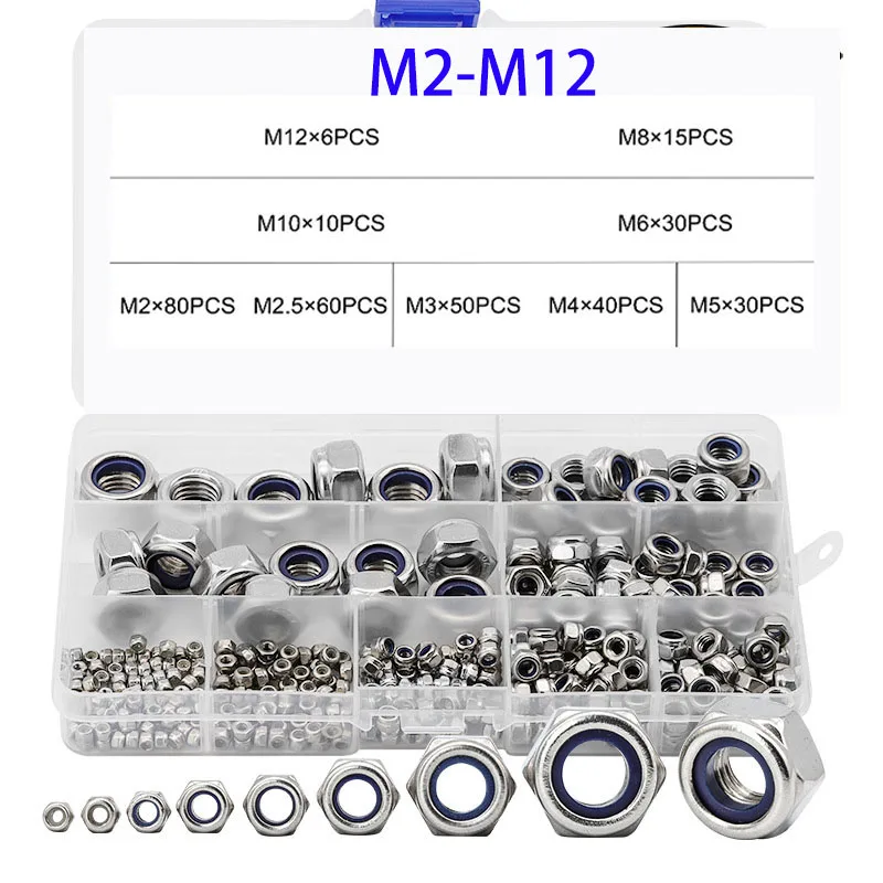 

321/265/162pcs Hexagon Nylon Lock Nut Assortment Kit M2 M2.5 M3 M4 M5 M6 M8 M10 M12 304 Stainless Steel Hex Self locking Nut Set