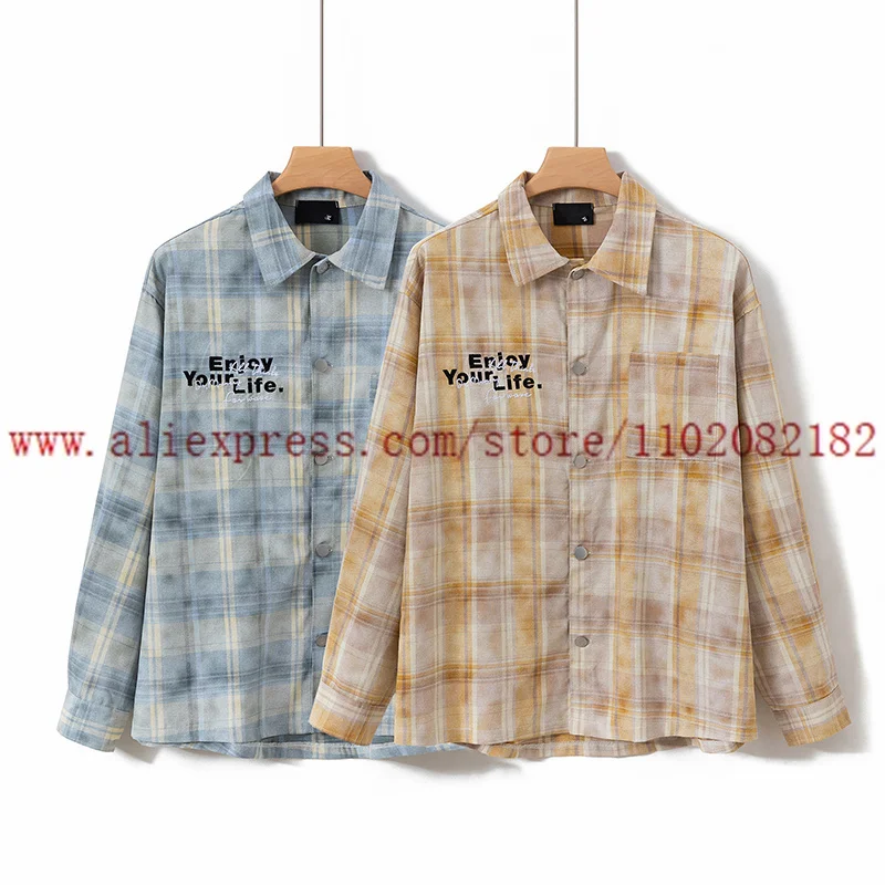 

Embroidered Letters On Towels Enjoy Your Life Plaid Long Sleeved Shirt Men Women High Quality Polyester Fiber Shirts