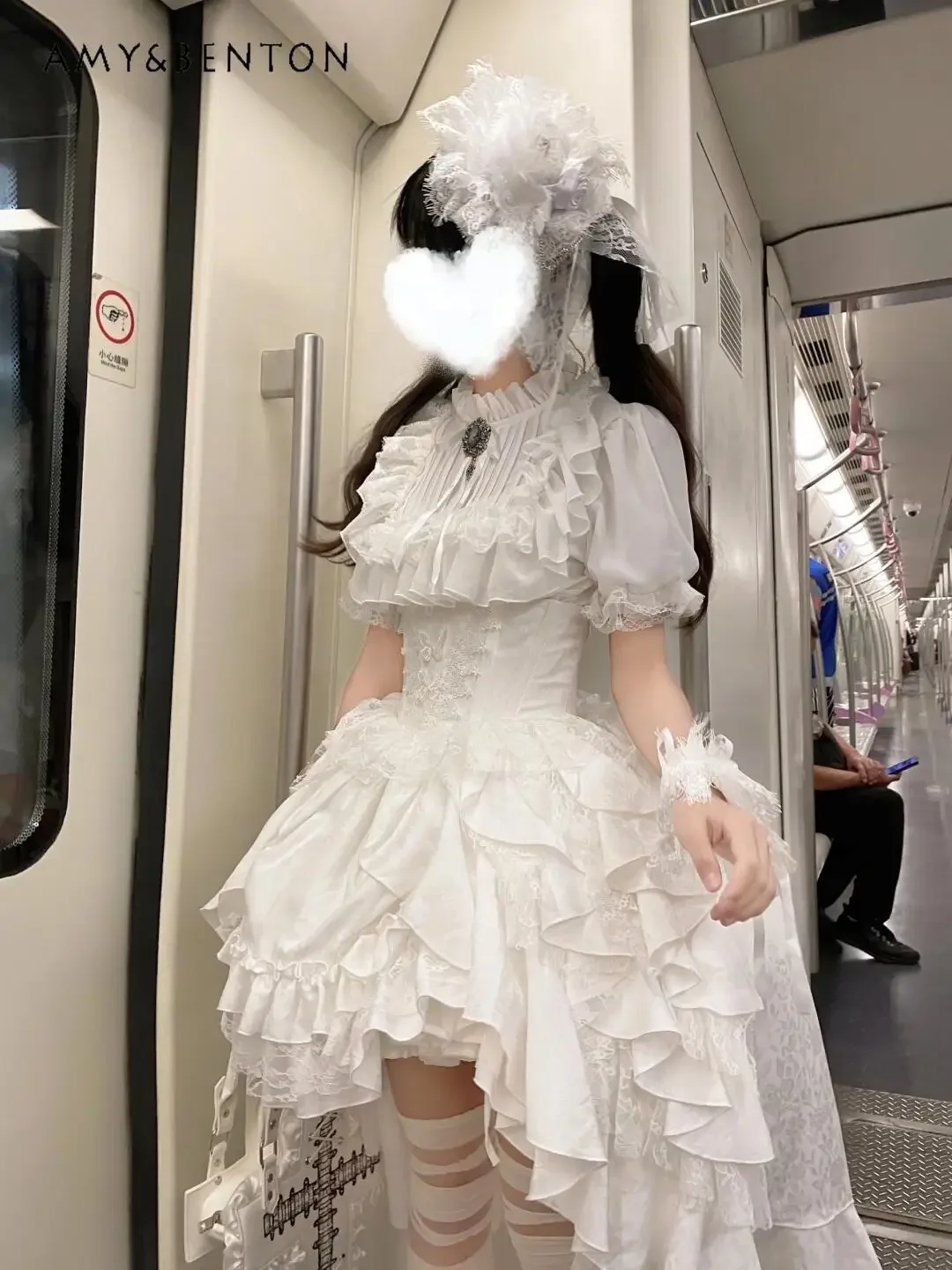 Lolita Subculture Stand Collar Bubble Short-sleeved Lace Shirt High Waist Slim Irregular Multi-layer Tutu Skirt Two-piece Set