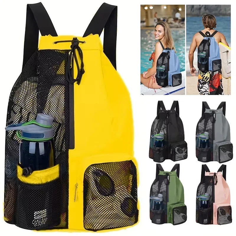 Image of Motorrad-Rucksack mit mehreren Taschen und Kordelzug, Netzstoff und internem Nassfach – vielseitige Strandtasche für Schwimmen, Fitness und Sportausrüstung