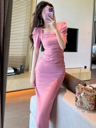 French Elegant Style Midi Dress Women Vintage Black Pink Bubble Sleeve Folds Split Wrap Hip Robe Office Lady Party Vestidos