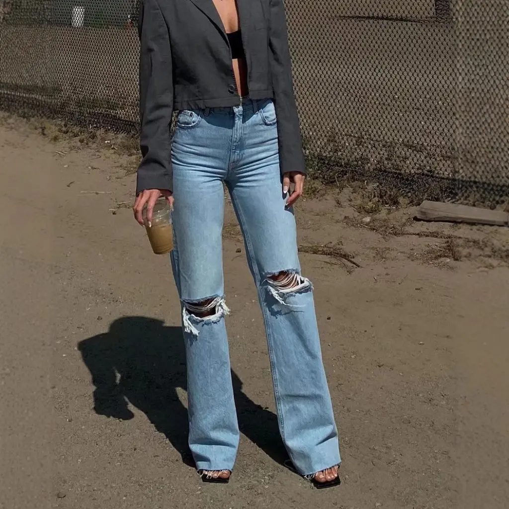 Women's High Waist Double Knee Ripped Denim Pants Raw Edge Spring Style Loose Straight Draped European American Street Fashion