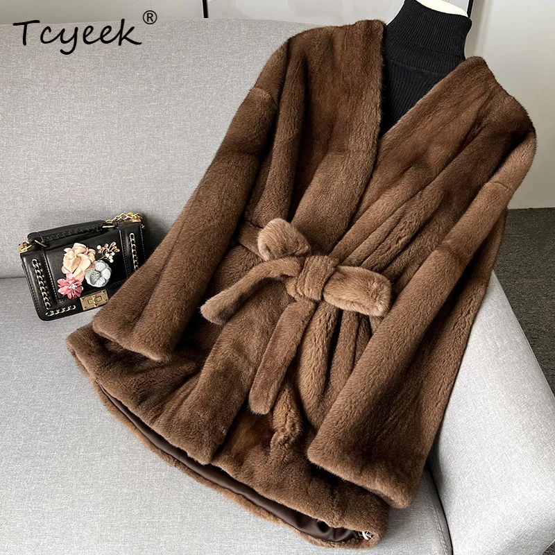 Tcyeek Natural Mink Fur Coat Women Winter Clothes Lace-up Real Fur Coats Woman Whole Mink 2025 New in Outerwear Abrigos Mujer