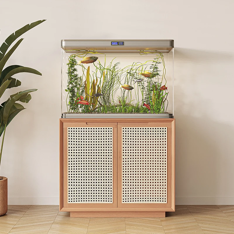 

Solid Wood Rattan Living Room Aquarium Base Cabinet Aquarium Base Storage Customization Office Company Fish Tank Table Shelf