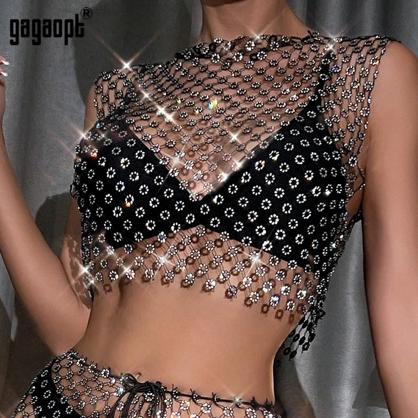 Gagaopt Fishnet Rhinestone Crop Top Sexy Mesh High Elastic Black Shirt Net See Through Rave Diamond Tank Top