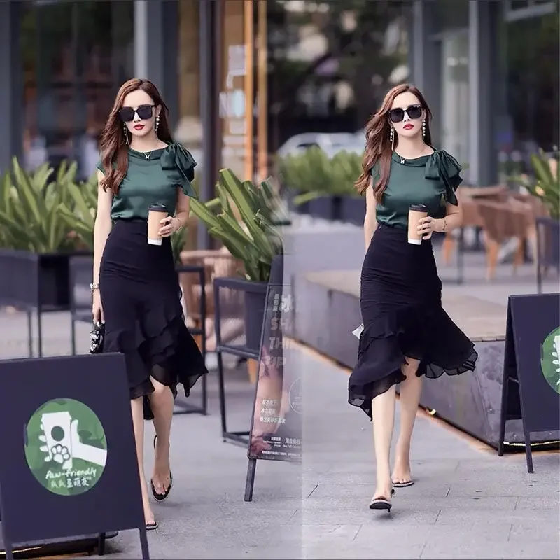 Office Short Sleeve Female Outfits Ruffles Women\'s Two Piece Set Sexy Skirt Vacation 2024 Clothing New Arrivals Jacket Stylish