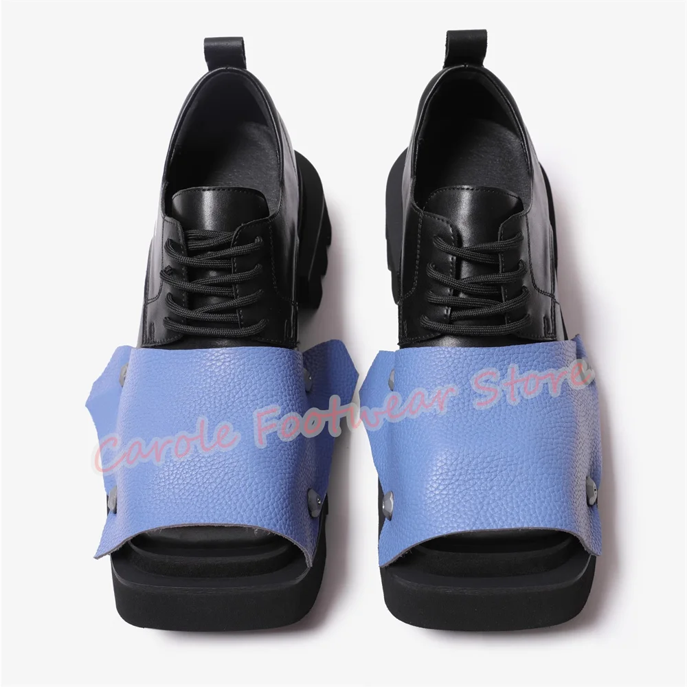 Fashion Mixed Color Leather Splicing Derby Shoes for Men Punk Rivet Square Toe Chunky Heel Loafers Male Casual Lace-up Shoes