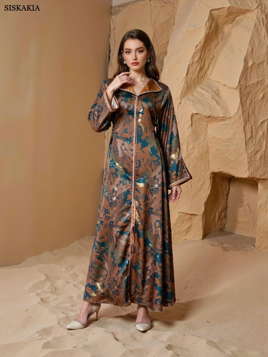 

Siskakia Новое модное платье с отложным воротником и графическим принтом Абая, украшенные стразами, кафтаны