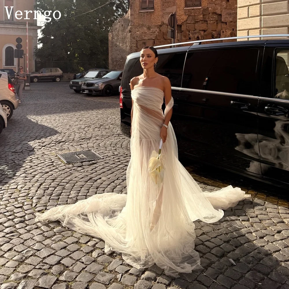 Verngo Sexy Chiffon Wedding Dress One Shoulder Mermaid Pleated Bridal Gowns Elegant Illusion Sweap Train Bride Dress Customized