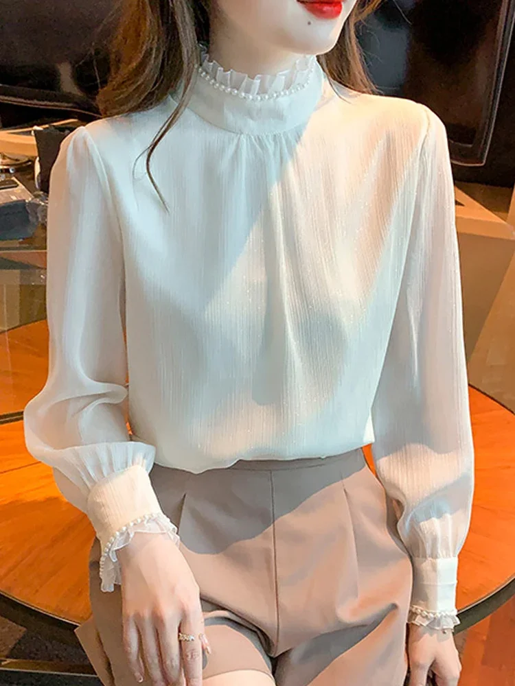 

Beading Stand Collar Chiffon Blouse Shirt Long Sleeve Blouse Women Blusas Mujer De Moda 2024 Women Tops Blouses Femme Shirts