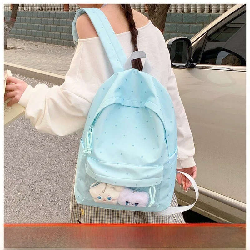 Cute Polka Dot Transparent Backpack Youthful Design Dual Shoulder Bag for College Students Playful Trendy Nylon Material