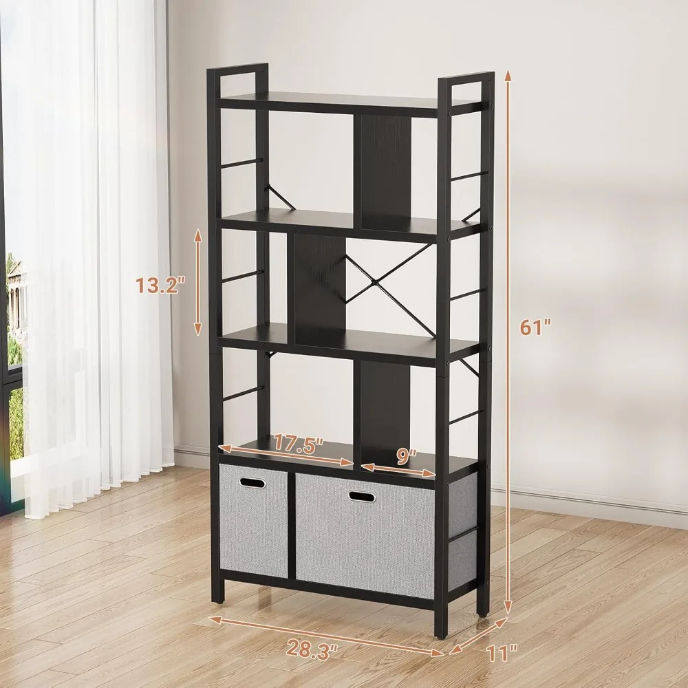 Tall Bookshelf with Drawers - 5 Tier Bookcase Modern Book Shelf Display Standing Shelf Units with Storage, Wood