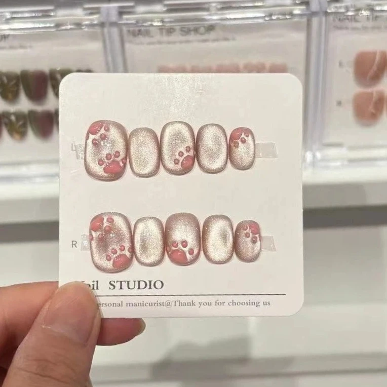 10Pcs Pink Cat Eye Handmade Short Round Press On Nails Full Cover Star Design Square False Nails Wearable Manicure Nail Tips Art