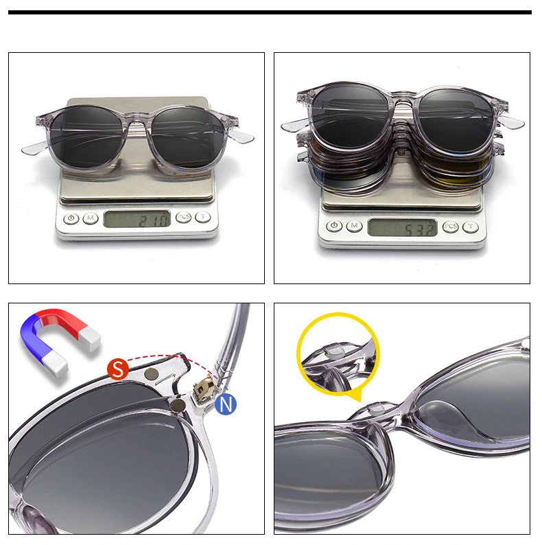 Vcka transparenten Rahmen Frauen Myopie Sonnenbrille 6 in 1 Mode polarisierten Magnet clip auf Brille verschreibung pflicht ige Brille-0.5 ~-6,0 – Detail 4