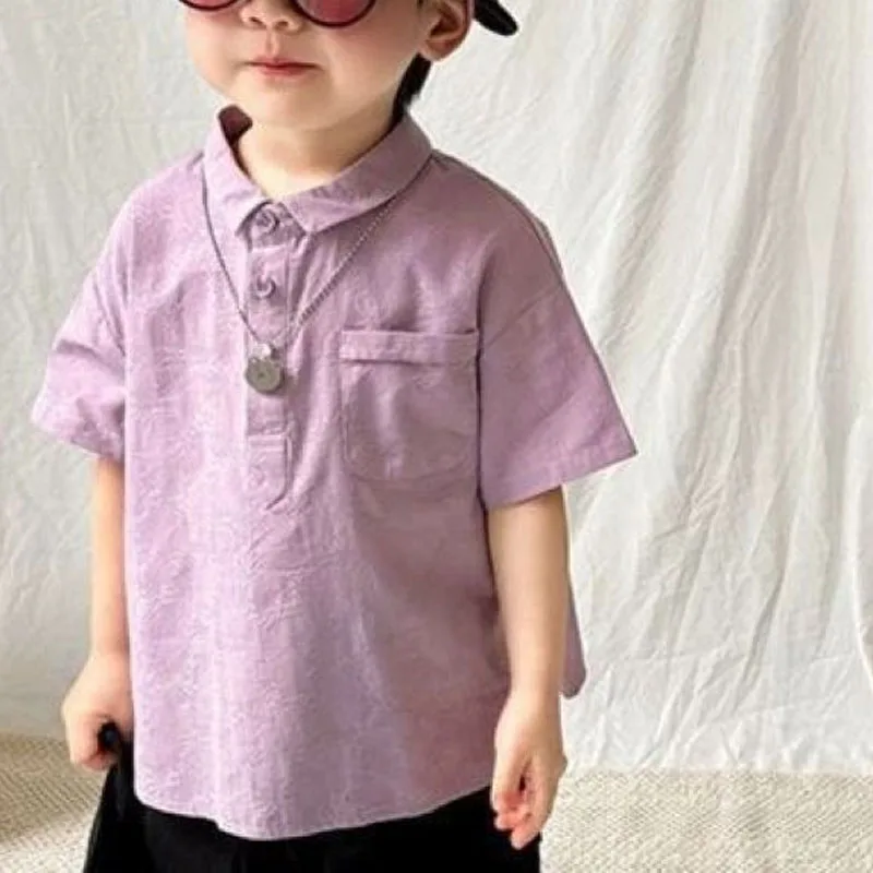 

Summer New Boys Pullovers Square Collar Jacquard Weave Button Spliced Pockets Stylish Loose All-match Short Sleeve Tops T-shirt