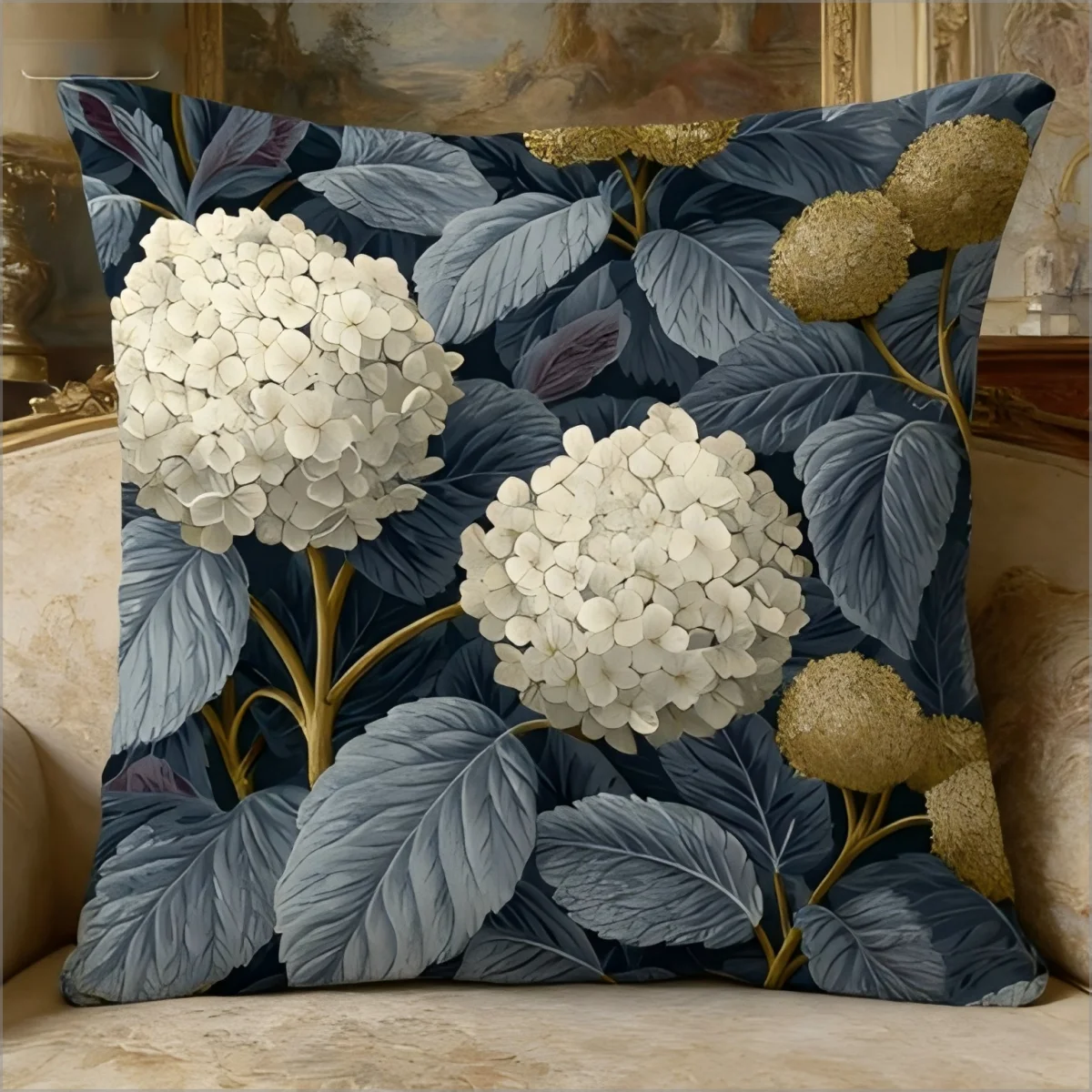 Vintage Hydrangea Floral Pillow Cover Blue Botanical Flower Print Elegant Cushion Case for Sofa Bed Couch Boho Home Decor