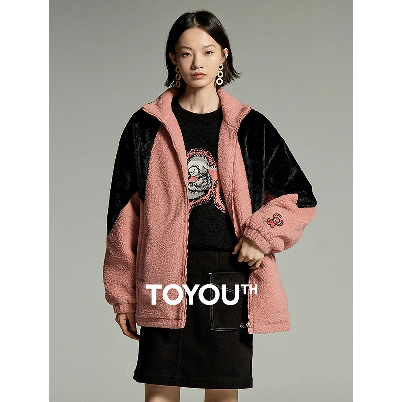 Toyouth Women Plush Jacket 2023 Winter Long Sleeve Stand Collar Loose Thick Coat Contrast Stitching Fashion Sport Warm Outwear