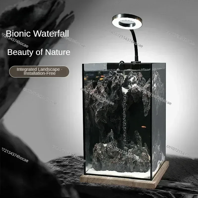 20×20×35cm Super White Glass Waterfall Aquarium Tank, Light Luxury Desktop Ecological Aquascape Complete Set for Living Room