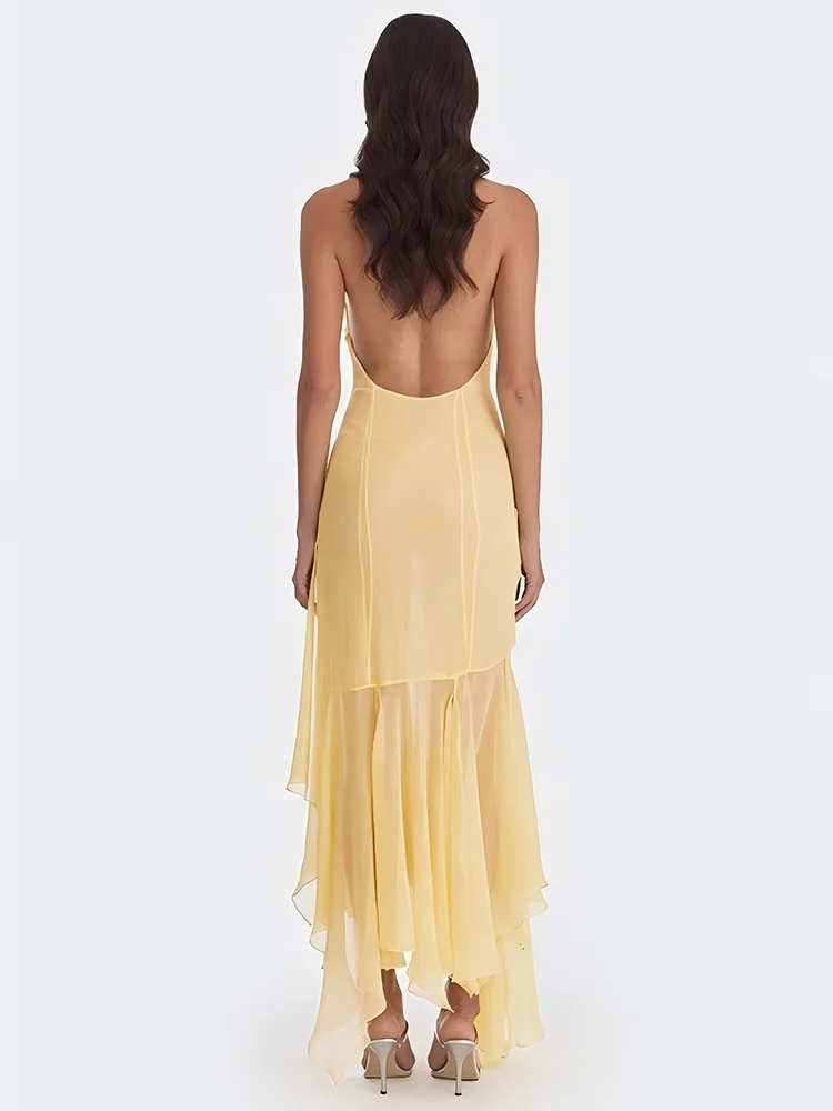 AbsobeชีฟองSheer Maxi Halter Tank Dressผู้หญิงเซ็กซี่ลึกVคอBackless Splicedริบบิ้นSlim A-Lineชุดยาวpartywear