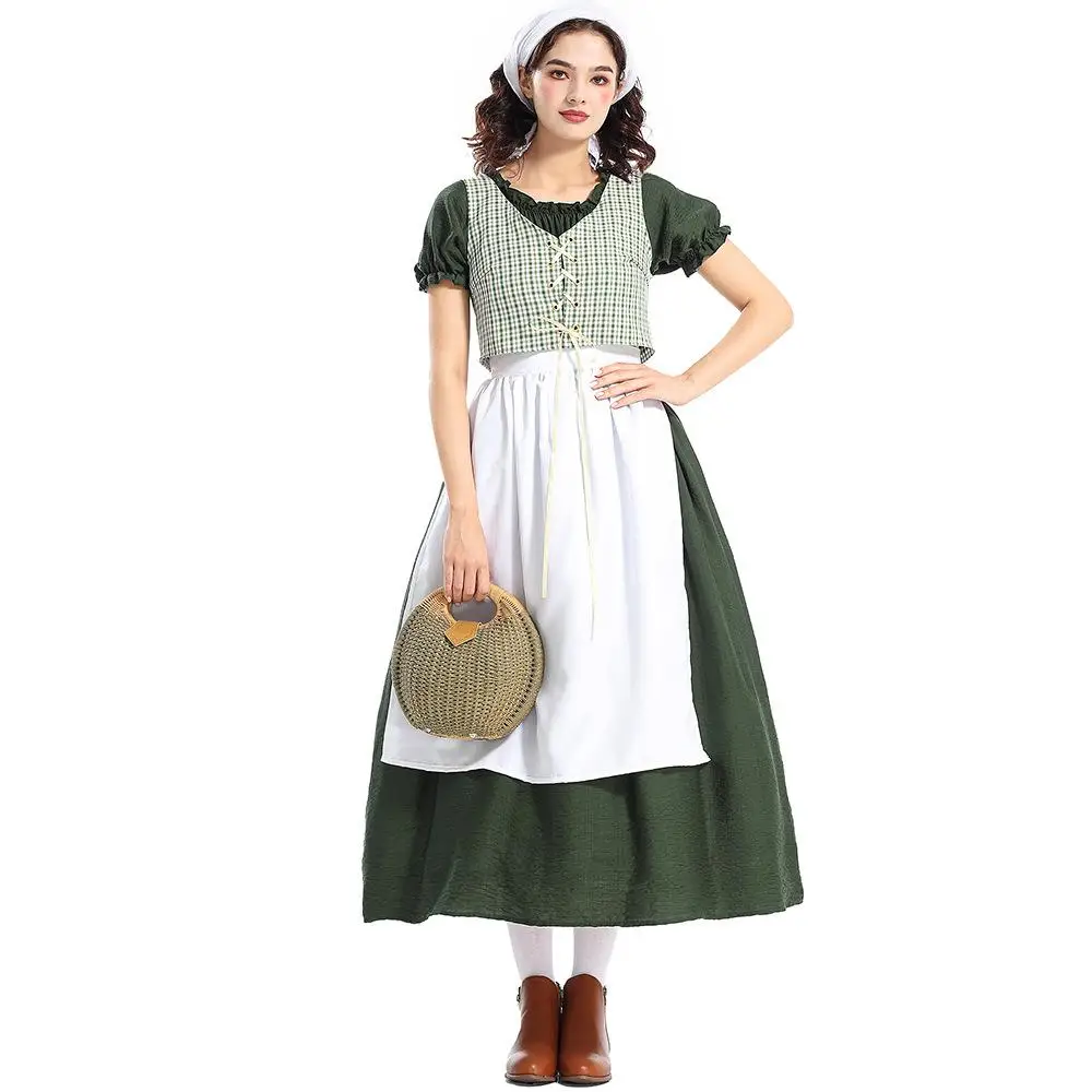 Dress Vest Apron Scarf 4Pcs Set Halloween Cos Grassland Colony Dark Green Countryside Plaid Dress Victorian Medieval Costume