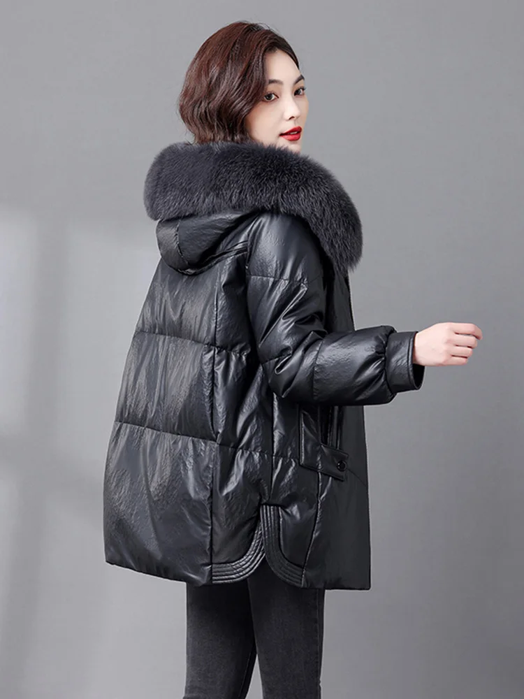 New Women Hooded Leather Down Jacket Winter Fashion Warm Real Fox Fur Collar Loose Sheepskin Down Coat Split Leather Outerwear