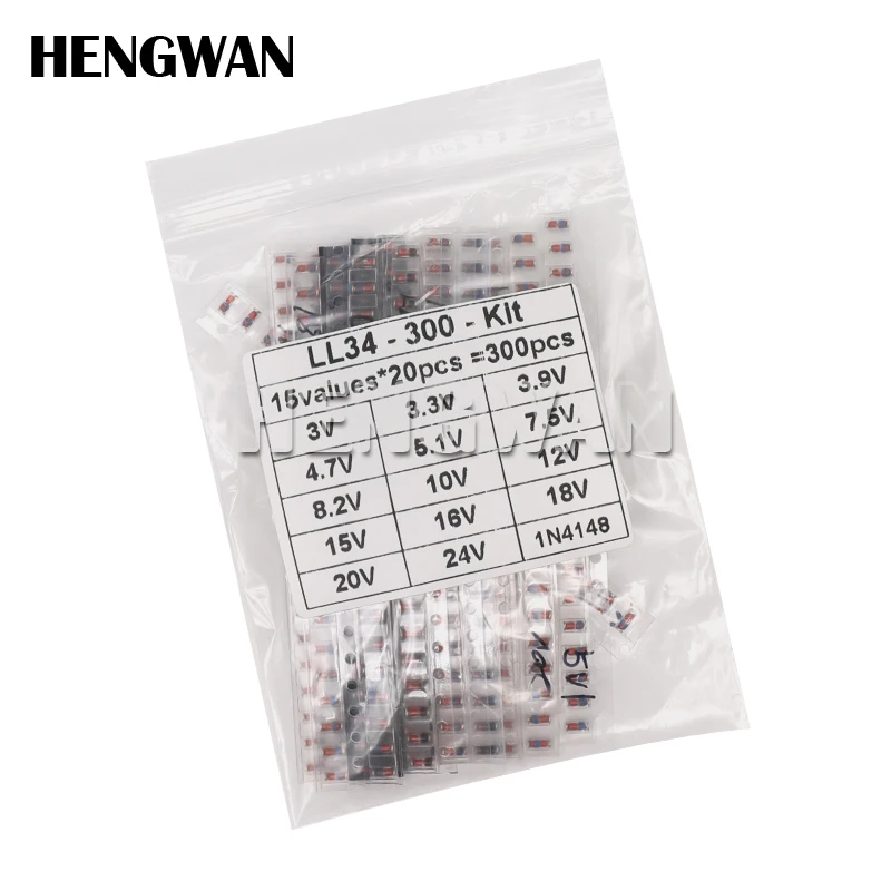 300pcs LL34 1/2W 3V - 24V 1N4148 SMD Zener Diode Assorted Kit 0.5W 15Values Each 20pcs Sample Pack