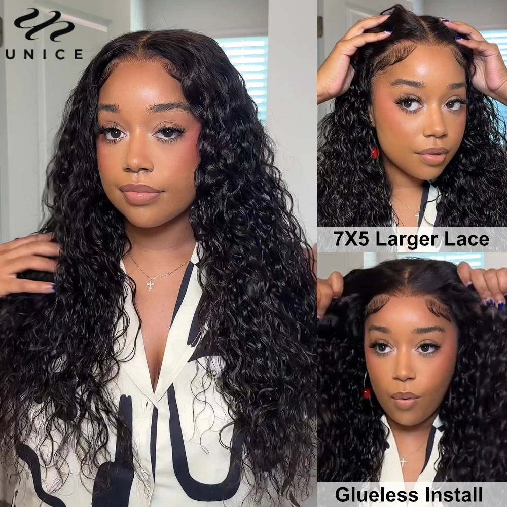 UNice Hair Bye Bye Knots 7x5 Lace Closure Water Wave Wig Pre Cut Pre Bleached Glueless Wig Human Hair Ready To Wear And Go