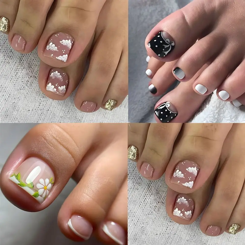 

Типсы Короткие квадратные накладные ногти на ногах Французские простые ногти на ногах Полное покрытие Облачные цветы Ногти для ног для женщин и девочек