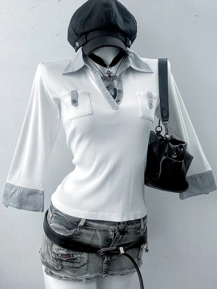 오리지널 패셔너블 브이넥 니트웨어 여성용 긴 소매 슬림 핏 탑 빈티지 스타일 캐주얼웨어 코튼 블렌드 가을 신상품