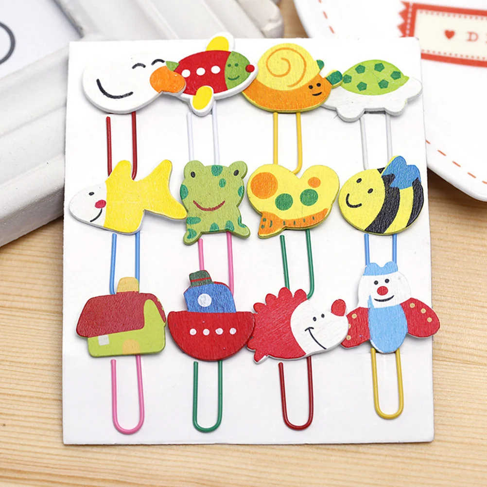 

24 Pcs Bookmarks Paper Clips Wood Girl Heart Animal Cartoon Wooden Bamboo Paperclips