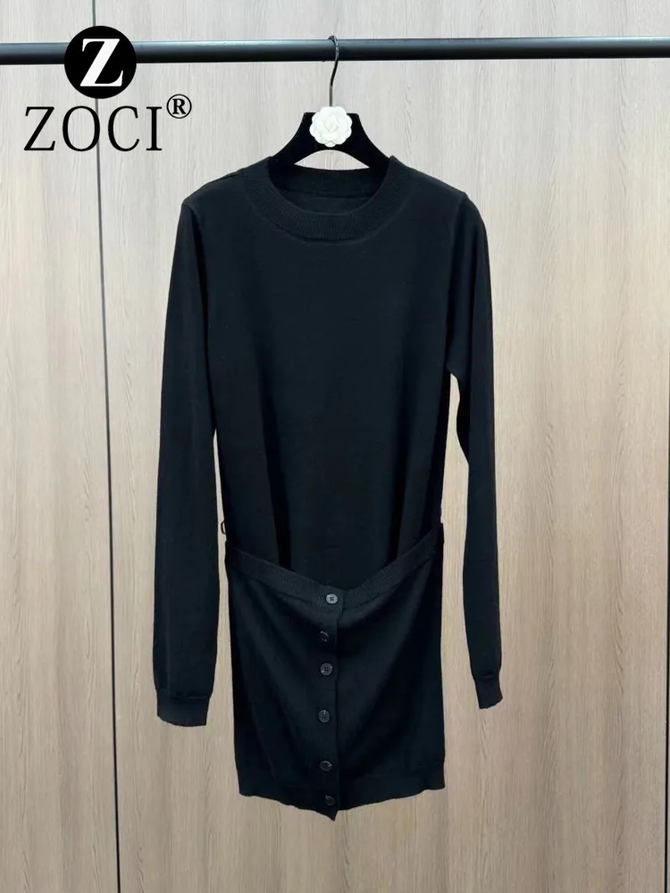 [ZOCI] 2025 Round Neck Long Sleeve Single Breasted Splicing Two Piece French Minimalist Knitted Dress