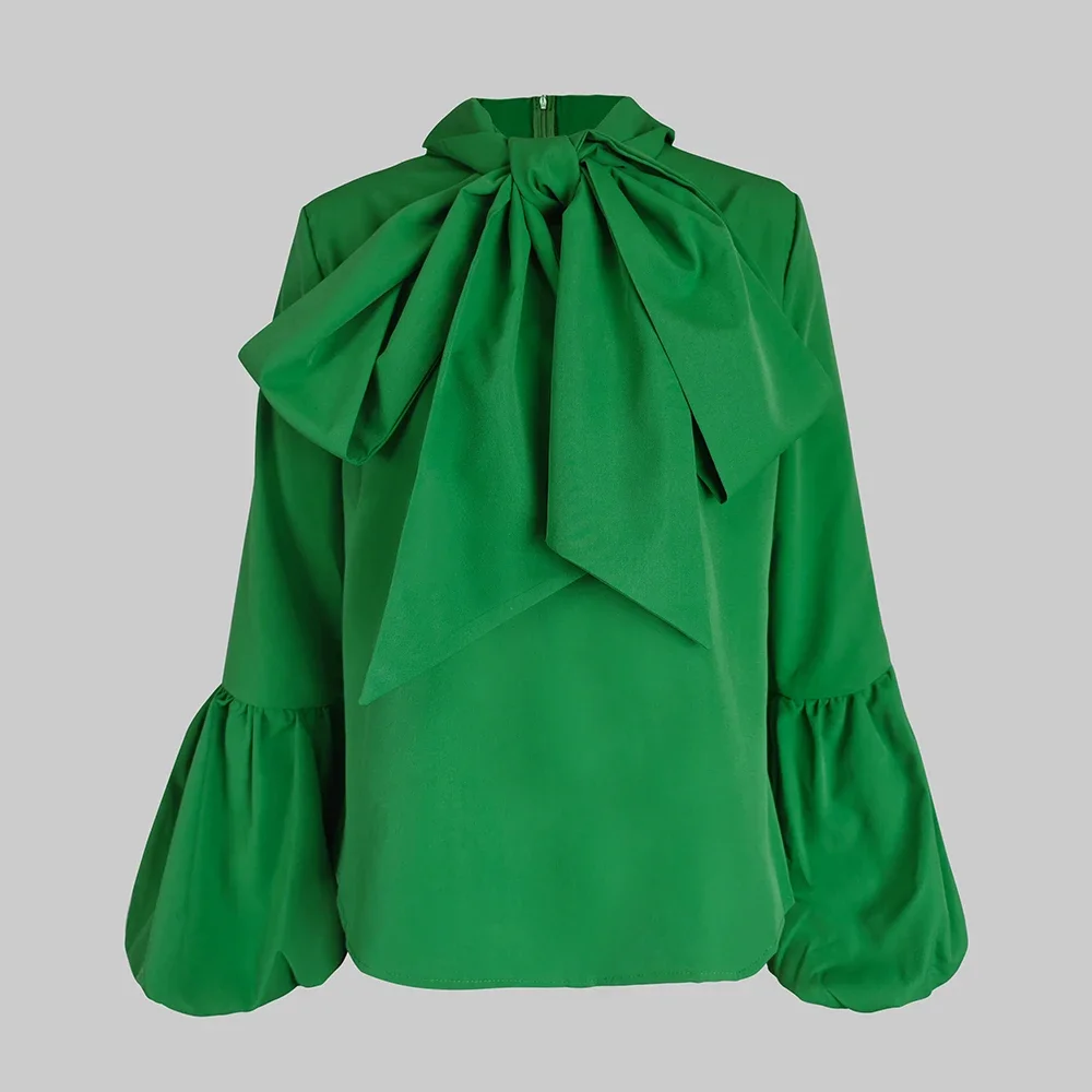 Modigirl Strik Hoge Kraag Shirt Voor Vrouwen 2024 Nieuwe Lantaarn Mouw Fit Effen Groene Blouse Stedelijke Damesmode Commuter top