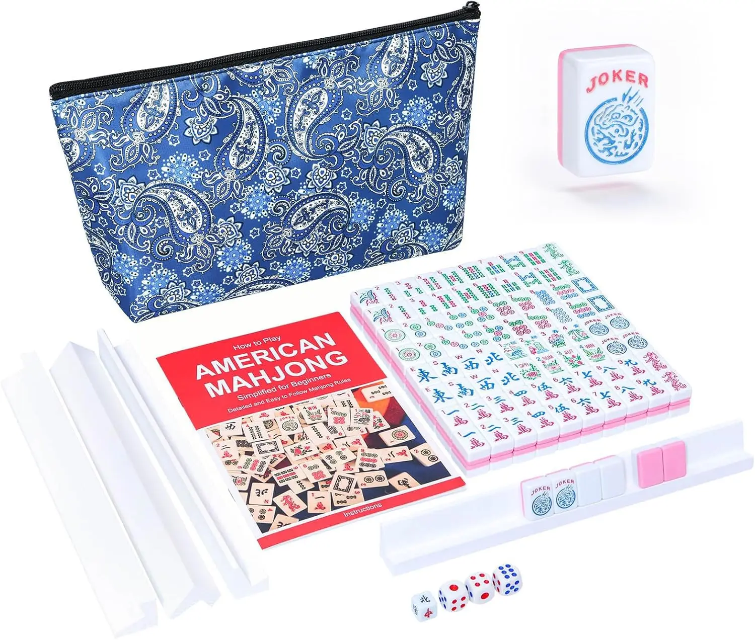 

Mini American Mahjong Set, 166 Pink Tiles (0.94''/24mm), 4 Racks & Blue Printed Bag, Travel Portable
