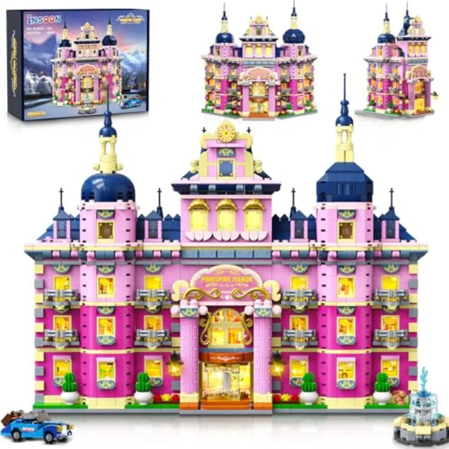 Pink Estate House Building Set with Lights, 3 Style Pinkspire Construction Model with Car Fountain, 1815 PCS Friends Villa Castl